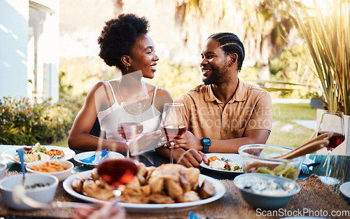 Image of Love, outdoor and black couple with lunch, smile and marriage with celebration, relationship and bonding. Romance, African man or happy woman with meal, food and relax with happiness, chat and eating