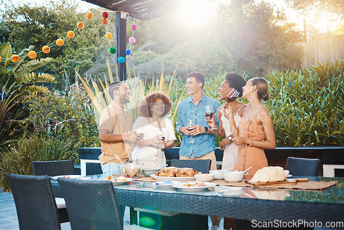 Image of Conversation, group of friends at dinner in garden at party and celebration with diversity, food and wine at outdoor lunch. Chat, men and women at table, fun people with drinks in backyard together.