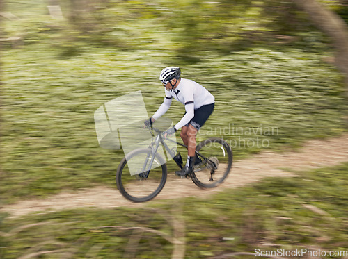 Image of Fitness, sports and man cycling in forest for speed, training or nature workout with top view off road race. Freedom, workout and cyclist on mountain bike for extreme, adrenaline or power performance