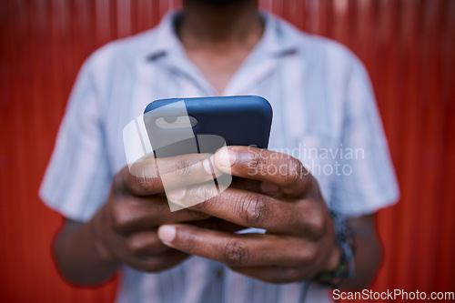 Image of Person hands, smartphone and closeup, communication and social media, typing and online chat with technology. Using phone, mobile app and text message with internet connectivity, network and contact