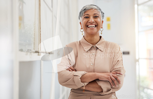 Image of Smile, arms crossed and portrait of business woman in office for entrepreneur, professional or manager. Designer, pride and happy with person in creative agency for future, opportunity or empowerment