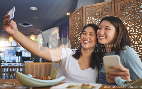 Image of Selfie, lgbt and a gay couple in an asian restaurant for a romantic date together on an anniversary. Lesbian, smile and happy asian woman with her partner in a cafe for eating or celebration of love