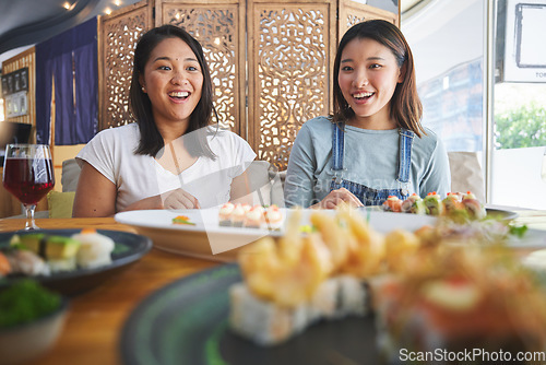 Image of Happy women friends, sushi restaurant and eating with surprise, comic laugh, catering and plate. Japanese students, wow and excited with fish, seafood and diner with nutrition, hungry and thinking