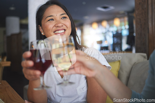 Image of Japanese woman, restaurant and toast with wine, smile and congratulations with fine dining, party and thinking. Asian friends, happy and success with culture, alcohol or relax in diner, bar and drink