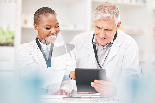 Image of Man, woman and tablet in pharmacy for checklist, online schedule or stock report for medicine. Help, mentor and pharmacist team at counter with digital inventory list, internet search or medical info