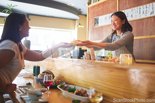 Image of Sushi, happiness and restaurant people, customer and Asian waitress giving food plate, order or product. Japanese cashier, server or startup small business owner with meal for happy client