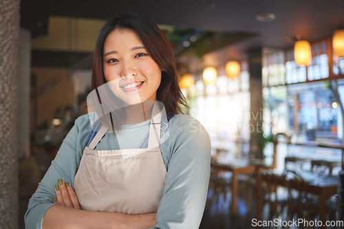 Image of Portrait, happy asian woman or restaurant entrepreneur in small business with arms crossed for professional service. Cafeteria server, coffee shop waitress or confident manager working in hospitality