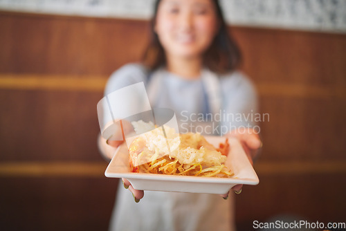 Image of Hands, waitress and woman with seafood on plate, shrimp and tempura for eating at restaurant, cafe or store. Fish, food and person in sushi service, prawn and meat in fine dining, brunch and chips