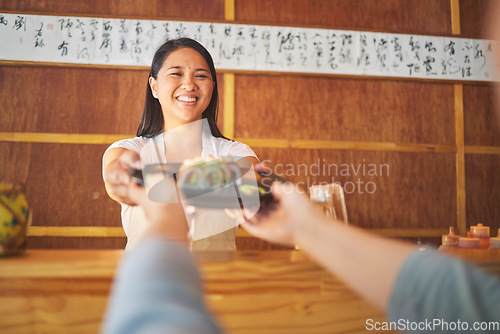 Image of Sushi, restaurant worker job and woman with smile from food and Asian meal in a kitchen. Happy, female waiter or chef working with salmon roll lunch order with cooking in Japanese bar with service