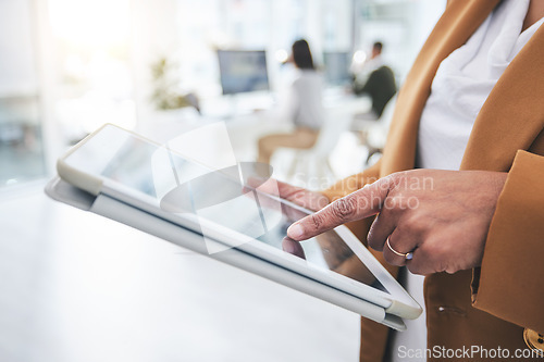 Image of Hands, web design or businesswoman typing on tablet in office, working on email or research project online. Social media, tech or female editor editing or writing reports update on internet or blog