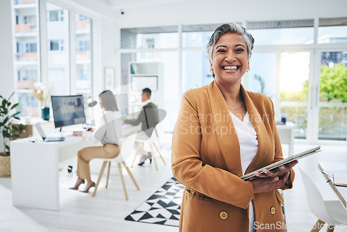 Image of Tablet, senior woman and portrait in a office with web management and and business success. Mature boss, smile and leadership with technology in a startup workplace ready for networking on web app