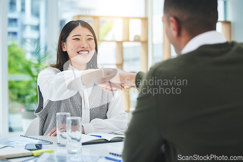 Image of Interview, business people and human resources, shaking hands and recruitment, onboarding and conversation. Communication, hiring and meeting with feedback, promotion and handshake with trust