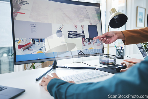 Image of Hands, teamwork and computer for training, coaching or pointing to website design feedback online. Screen closeup, employees learning or mentor on desktop for SEO solution, research advice or support