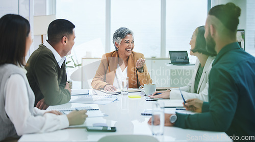 Image of Happy, talking and business people in a meeting for a discussion, project or planning together. Smile, office and a manager speaking to employees about professional work and discussion in a workshop