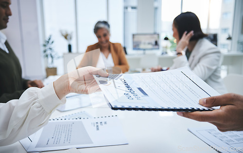 Image of Hands, documents or business people in meeting for feedback or performance review paperwork. Team report, planning sales logistics or manager giving portfolio or data analytics to employee in office