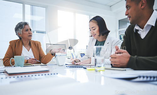 Image of Meeting, discussion and business people in office for brainstorming, ideas and collaboration. Creative agency, teamwork and workers talking, chat and planning working on project, proposal and report