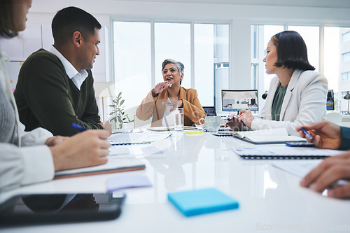 Image of CEO, woman speaking or business people in meeting planning in discussion with mission together. Collaboration, leadership or mature mentor talking about project ideas in agency to team of employees