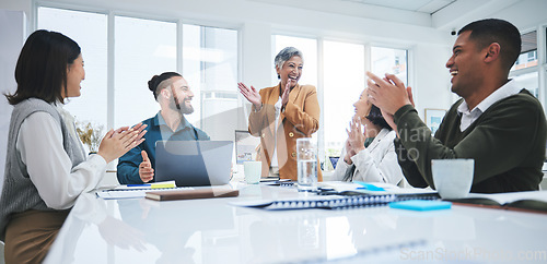 Image of Excited team in business meeting with applause, cheers and celebration of sales target achievement at desk. Clapping, praise and congratulations with success, motivation for men and women in office.