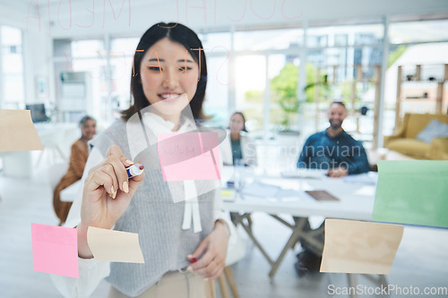 Image of Woman, glass board and planning, writing and sticky note with team leader, workshop business ideas and agenda. Brainstorming, objective and project management, Asian employee and notes with moodboard