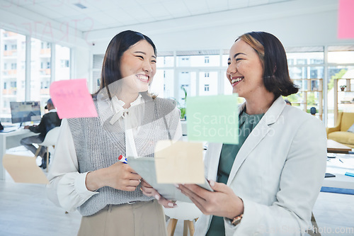 Image of Business women, teamwork and planning on glass board for marketing timeline, calendar and happy ideas in office. Professional manager and people with workflow, sticky notes and scrum or agile goals