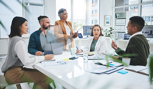 Image of Business people, manager presentation and planning, teamwork or discussion for project proposal or marketing. Professional boss and group of men and women talking, questions and design collaboration