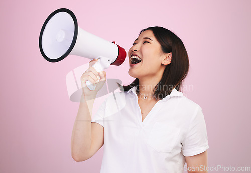 Image of Megaphone announcement, portrait and woman shout sales discount, promotion deal or broadcast news information. Excited speech, studio and speaker noise, communication and voice on pink background