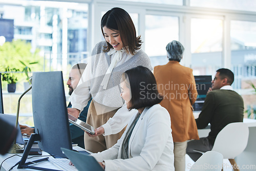 Image of Business women, teamwork and computer, tablet or technology for multimedia marketing and collaboration. Professional people or designer with digital proposal, planning and feedback or office support