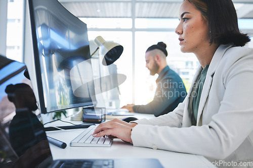 Image of Computer, business and employees working in a company or startup agency typing email document or research on internet. Website, web and corporate people in an office doing online communication