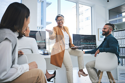 Image of Training, mentor and programmer with business people in office for coding, developer or information technology. Meeting, code review and feedback with employees in digital agency for it cybersecurity