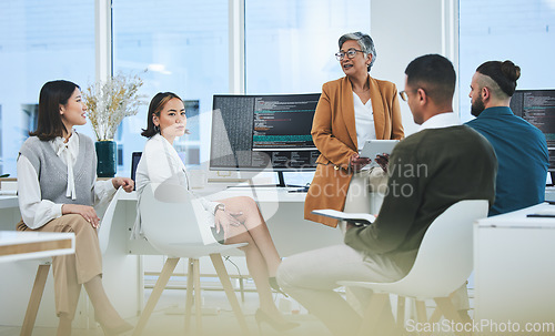 Image of Meeting, mentor and programmer with business people in office for coding, developer or information technology. Teamwork, code review and feedback with employees in digital agency for it cybersecurity