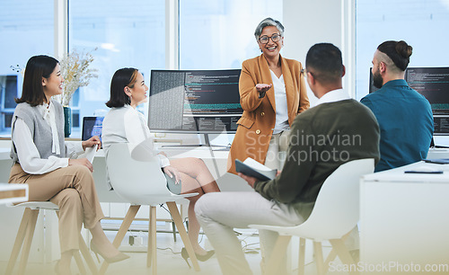 Image of Business people, manager and employee with feedback, programming and conversation with trading, coaching and mentor. Teamwork, supervisor or staff with pc, coding or programmer with support or advice