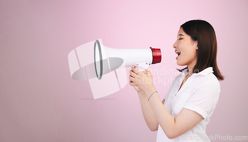 Image of Megaphone announcement, studio or profile woman with sales discount, promo deal or breaking news audio. Advertising speech, mockup space or female speaker noise, attention or voice on pink background