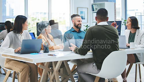 Image of Planning, talking and business people in a meeting, brainstorming or conversation for new project, teamwork or laptop. Technology, men or women with ideas, cooperation or partnership with negotiation