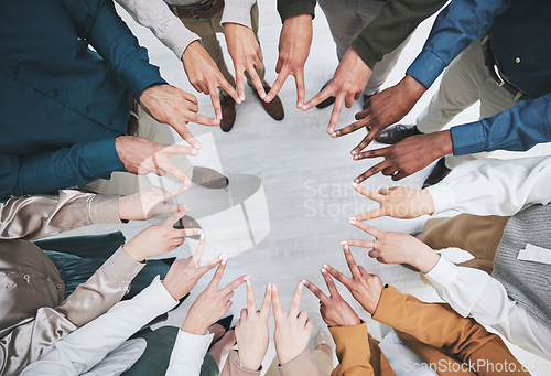 Image of Hands, star and circle, team and support with solidarity and business people, top and community. Synergy, cooperation and huddle, collaboration and corporate group with trust, meeting and mission
