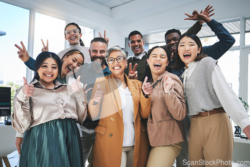 Image of Business people, group celebration and wow, success and peace sign, thumbs up or friends in team building. Happy, excited and diversity women and men in office teamwork, support or thank you portrait