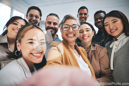 Image of Work selfie, portrait and happy business people together for bonding, team building or group. Smile, diversity and a mature manager taking a photo with friends for social media, about us or faq