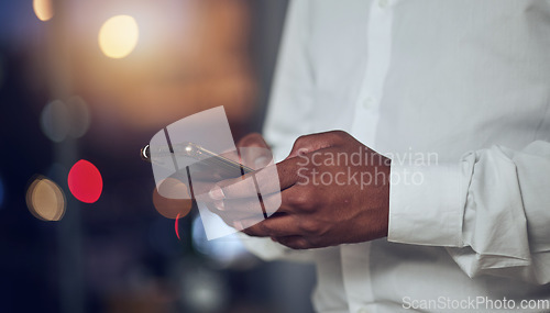 Image of Hands, social media and phone for communication with a business person closeup for networking or browsing. Mobile, contact and app with an employee scrolling on a smartphone to search the internet