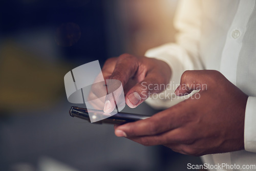Image of Hands, app and phone for social media with a business person closeup for networking or browsing. Mobile, contact and communication with an employee scrolling on a smartphone to search the internet