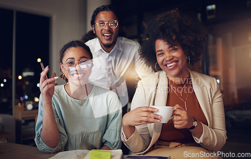 Image of Coffee, office portrait and business people at night in startup company with work idea and relax. African people and staff with drink and smile with creative work ideas and employee with planning