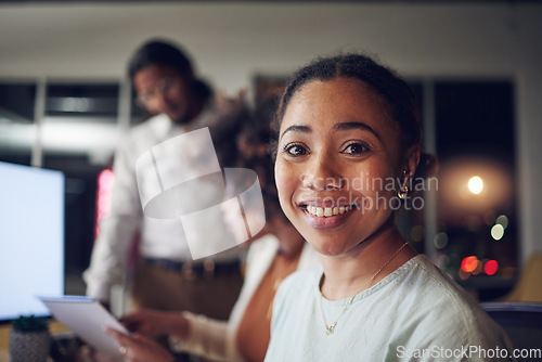 Image of Portrait, night and woman with a smile, business people and planning with teamwork, brainstorming and overtime. Face, staff and group with employee, evening or cooperation with strategy and ideas