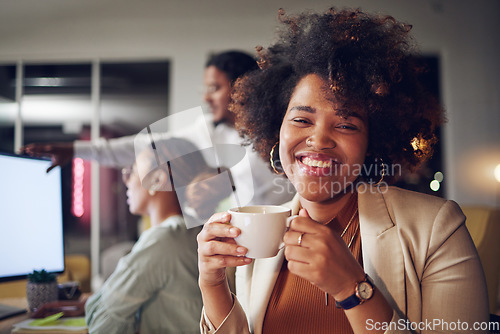 Image of Coffee, office portrait and business woman smile in coworking company with worker and relax. African female person, tea and staff with latte drink with creative work and happy employee at tech job