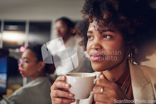 Image of Coffee, office and business woman thinking in coworking company with night idea and relax. African female person, tea and staff with latte drink and creative work ideas and employee with planning