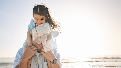 Image of Portrait, sunset and a girl with her grandpa on the beach for a holiday or vacation during retirement. Mockup, smile or love with a happy senior man and granddaughter by the ocean or sea in summer