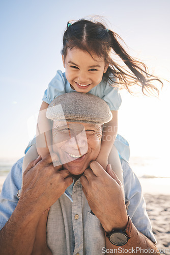 Image of Beach, old man and kid on back happy for family travel, play outdoor together and bonding with love and fun. Vacation, elderly person smile and portrait of girl child on holiday on piggyback by ocean