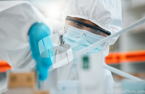 Image of Laboratory, product inspection or person check safety security of hospital clinic, contamination or medicine. Shelf investigation, PPE hazmat suit or healthcare worker analysis of medical danger risk