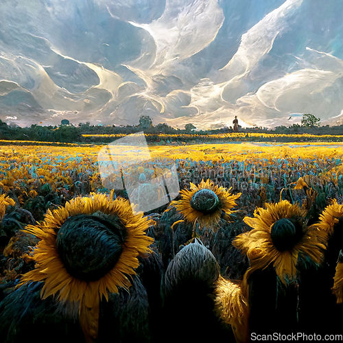 Image of Field of blooming sunflowers on a background sunset.