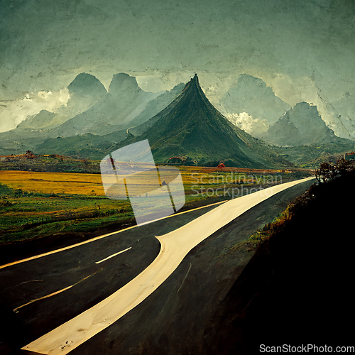 Image of Road to the great mountain. A long road leading towards a snow c