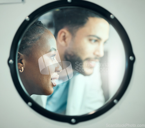 Image of Incubator, research and people in a lab for healthcare innovation, working and teamwork. Happy, collaboration and diversity with scientists in a glass for partnership in pharmaceutical science