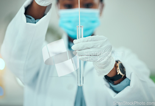 Image of Science, pcr and cotton with hands of doctor for vaccine research, medical and dna test. Pharmacy, medicine and healthcare with closeup of person and swab for virus, pathology exam and diagnosis