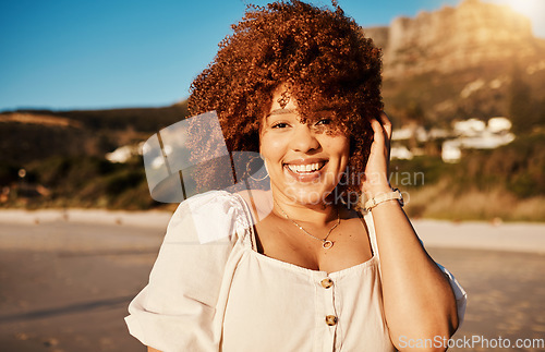 Image of Beach, smile and portrait of woman on holiday, tropical island at sunset and freedom to relax. Nature, blue sky and happy face of girl on ocean vacation, adventure and outdoor summer travel at sea.